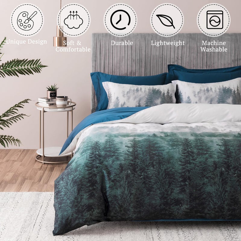 MILDLY 100% Long Staple Cotton Mountain Duvet Cover Set, Blue Green Gradient Trees Pattern Printed Comforter Cover Set - Image 2